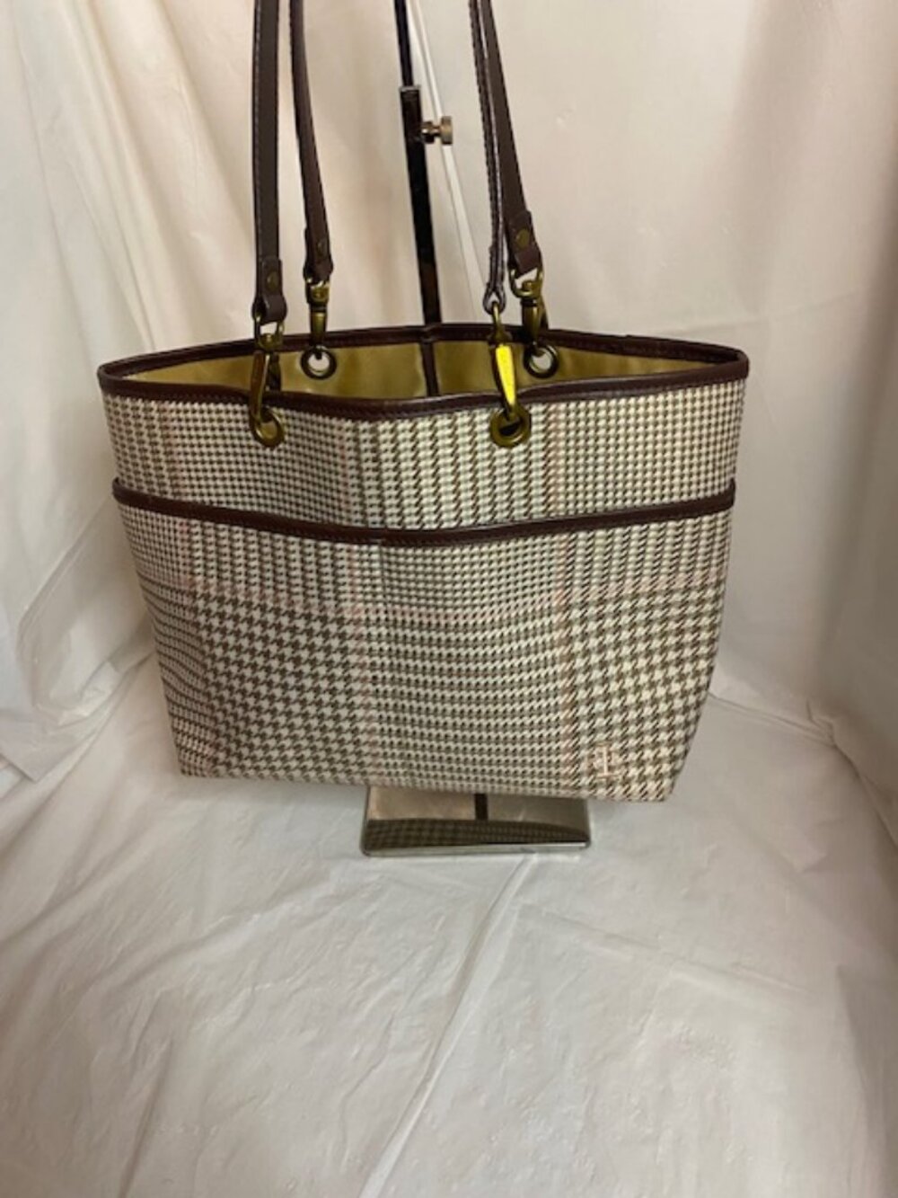 Ralph Lauren Houndstooth in Beige/Tweed Shoulder Bag w/ brown leather Trim